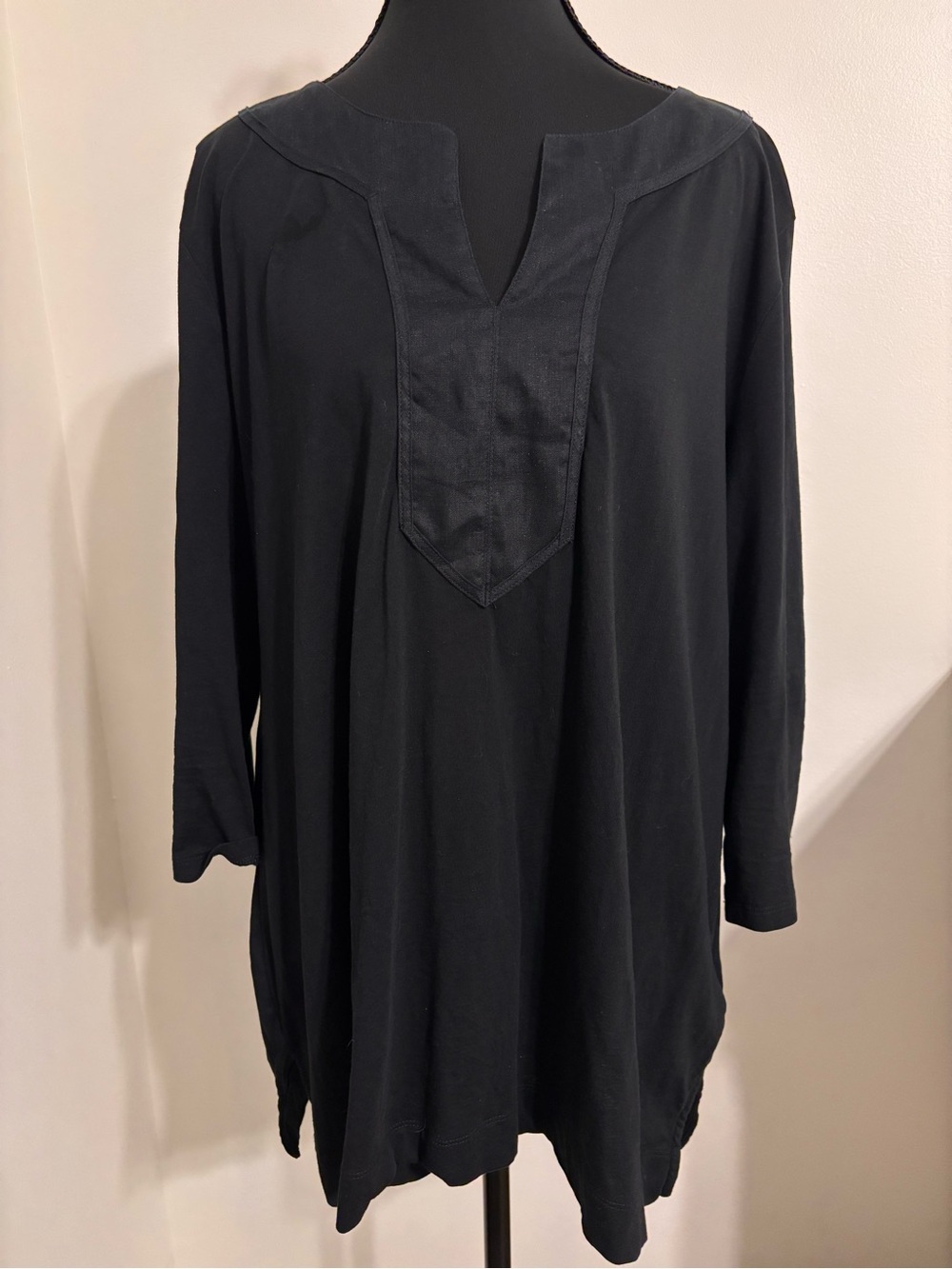 Lauren Ralph Lauren Women’s 1X Black Tunic Cotton Linen Trim V Neck 3/4 Sleeve